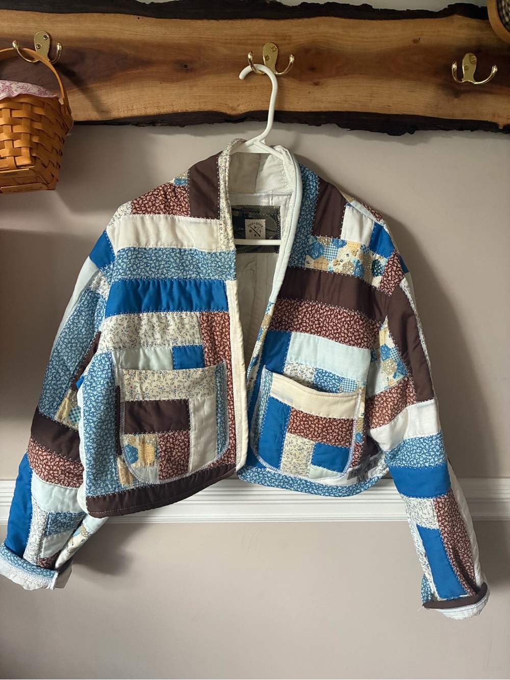 Field + Stitch Handmade Patchwork Vintage Log Cabin Blue Brown Quilt Jacket M